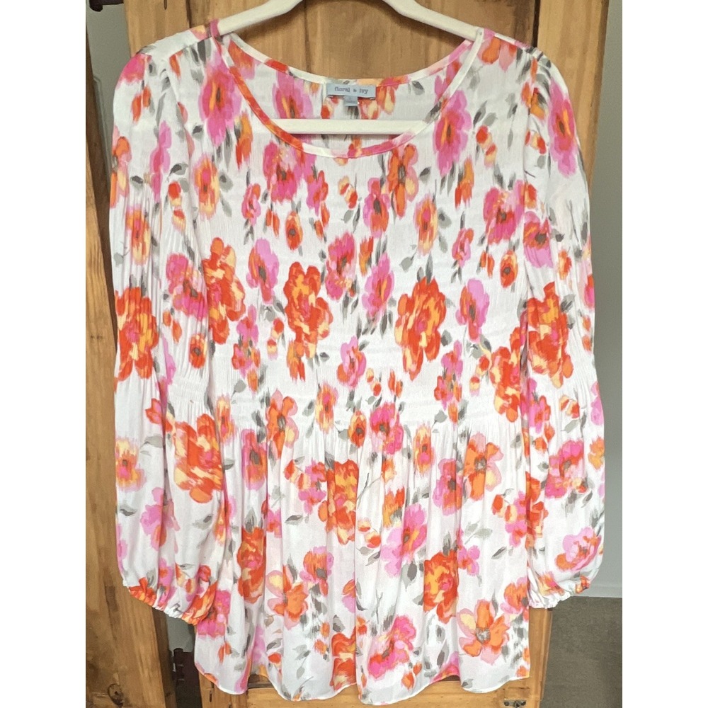 Women's Floral Print Long Sleeve Tunic Blouse Multicolor, Size Large